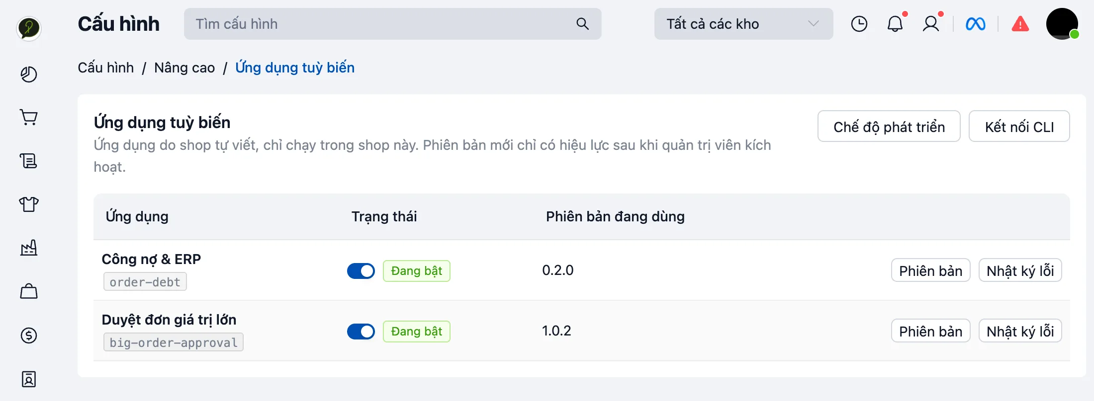 Danh sách ứng dụng tuỳ biến của shop